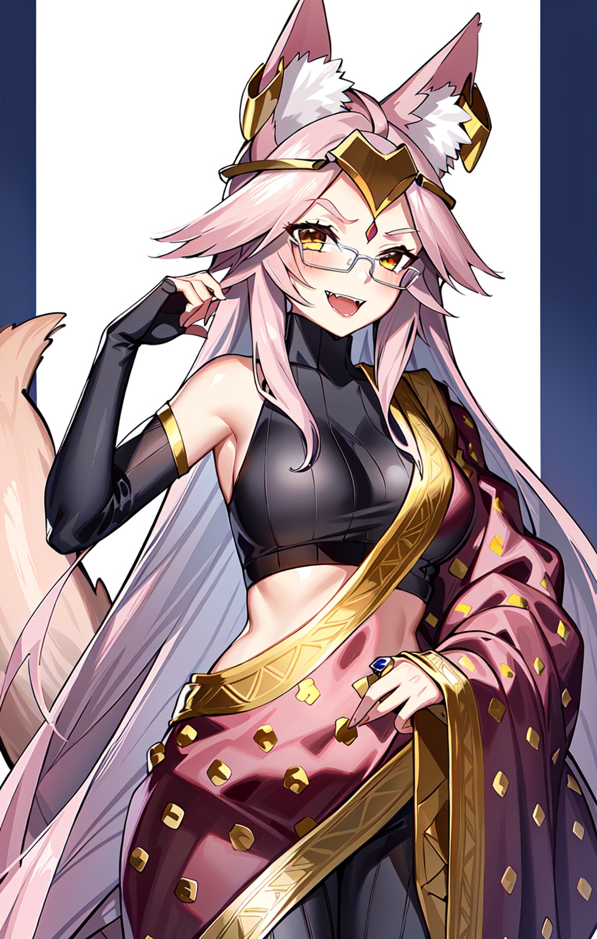 LBIndia, LostBelt4Costume, 1girl, tail, solo, fox tail, open mouth, looking at viewer, blush, glasses, smile, fangs
 <lora...