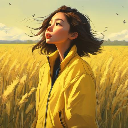 by samdoesarts,a woman in a yellow jacket standing in a field , wind, extremely high quality , detailed , intricate, highly detailed,  4k, sharp focus, high resolution, 8k uhd