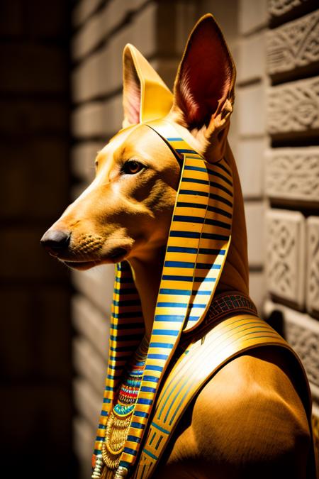 RAW photo, animal, a portrait photo of a [man:pharaoh hound:1] humanoid in Egyptian clothes, very detailed, very intricate, background inside temple, 1/4 profile, diffuse candlelight, face, 8k uhd, dslr, soft lighting, high quality, film grain, Fujifilm XT3
