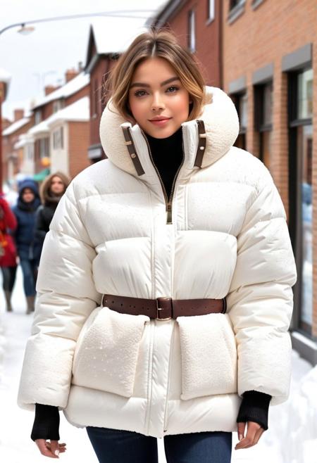 (white Oversized sherpa down coat, white Oversized sherpa puffer coat, white Oversized sherpa winter clothes, very very cold, in cold:1.5), semi-realistic, (full_length_portrait:1.5), (puffer hood:1.5), (winter boots:1.5), (tight pants:1.5), (belt:1.5), sharp eyelid, eyeliner, eyelashes, beautiful detailed eyes, tsurime, short hair, blonde hair, (wet:1.5), blue eyes, messy hair, sidelocks, perfect anatomy, (walking:1.5), (town:1.5), (street, daytime, snow, winter, cold winter, snowing:1.5), detailed background, highres, best quality, olive skin, android 18, mother, milf, solo, perfect eyes, perfect face, masterpiece, best quality, finely detailed beautiful eyes and detailed face, ultra-detailed, anextremely delicate and beautiful, intricate details, lovely lips, delicate facial features, blush, 8k_resolution, smile, hair tucking,