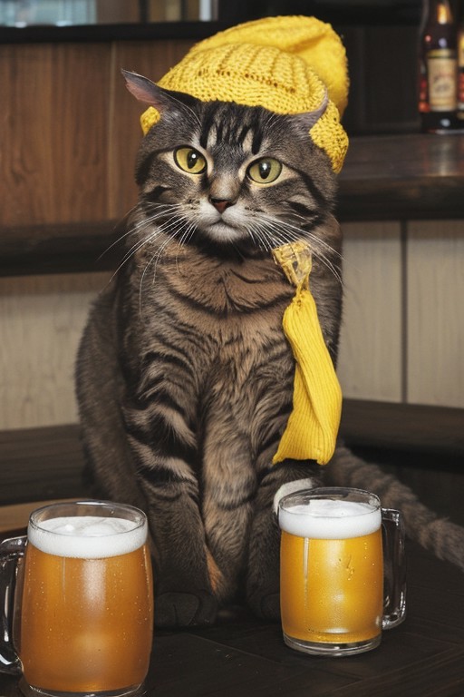 Beer-drinking Cat, Beer, Wearing Yellow beanie,