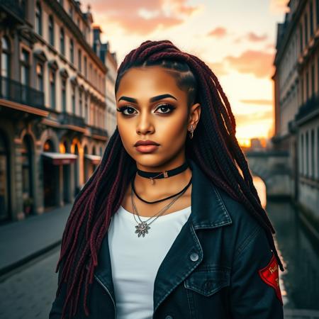 A young woman with a confident expression, standing on a European city canal street during sunset. She has a distinctive hairstyle with long, thick dreadlocks in shades of deep red, black, and hints of purple, styled with some shaved sides. Her makeup is bold with dark eyeliner, voluminous lashes, and subtle nude lips. She has a tattoo of a floral design on her neck, and her ears are pierced with sparkling earrings. She wears a black choker with a red accent, layered necklaces, and a casual dark denim jacket with a red patch on the sleeve, over a white top. The background features historic European buildings with ornate facades, arched windows, and decorative moldings, a canal reflecting the warm glow of the setting sun, and a stone bridge in the distance. The sky is painted with soft pastel hues of pink, orange, and purple, with a few scattered clouds. The lighting is warm and golden, casting gentle shadows and highlighting her features and the textures of her hair and clothing. The overall style is a blend of modern fashion and urban streetwear with a romantic, cinematic atmosphere.