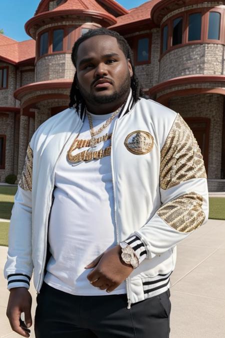 photorealism, masterpiece, 8K, UHD, analog style, high detail, detailed skin, depth of field
tee grizzley,  tee, white and black zipped jacket, in front of a 10 million dollars mansion,<lora:TeeGrizzley_LoraTest:0.8>