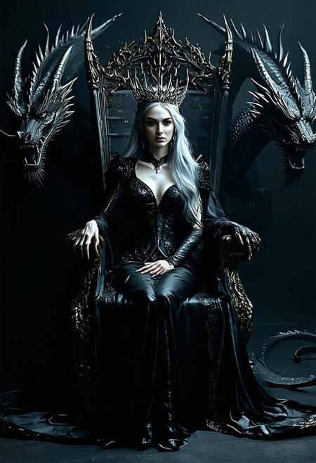 Dark queen seated on an ornate throne entwined with dragon heads, wearing a black, elegant gown with gold detailing, silver hair flowing like silk, crown of thorns resting on her head. Surrounded by shadows and power, she radiates dominance, mystery, and divine feminine strength.
<lora:FLUX-daubrez-DB4RZ-v2:0.55> <lora:Sinfully_Stylish_.02_for_FLUX:0.35> <lora:dystopia:0.6>