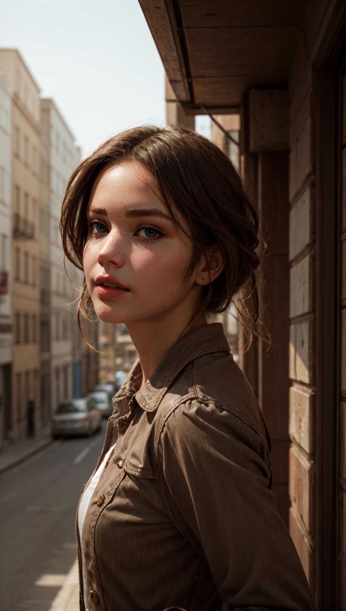 A beautiful young woman with a ponytail and blue eyes looking at the camera.