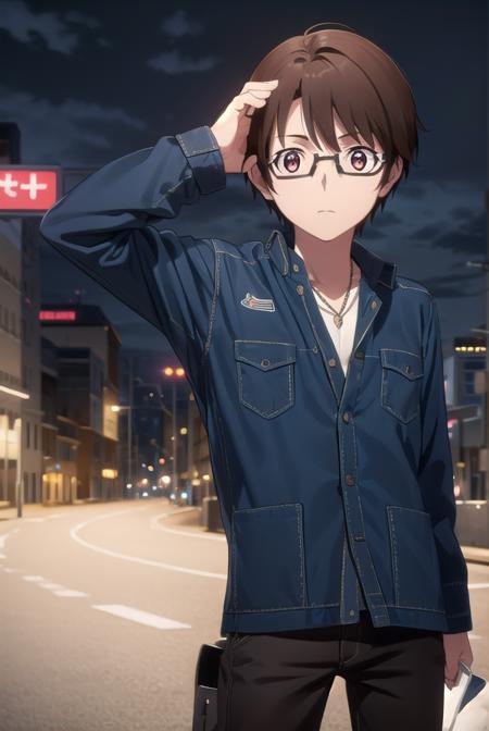 soutamizushino, <lora:souta mizushino s1-lora-nochekaiser:1>,
souta mizushino, brown hair, (brown eyes:1.3), male focus, glasses,
BREAK shirt, jewelry, necklace, uniform, pocket, pants, black pants,
BREAK outdoor, city, night, sky, buildings, moon, clouds,
BREAK looking at viewer, (cowboy shot:1.5),
BREAK <lyco:GoodHands-beta2:1>, (masterpiece:1.2), best quality, high resolution, unity 8k wallpaper, (illustration:0.8), (beautiful detailed eyes:1.6), extremely detailed face, perfect lighting, extremely detailed CG, (perfect hands, perfect anatomy),