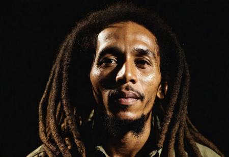 Close-up, (bob marley), grim smile, relaxed pose, portrait movie shot, serious, menacing, chiaroscuro style photo, dark background, minimalism, dramatic lighting, professional quality, dull highlights and shadows, natural and   original, laser eyes