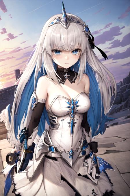 rei_hatada, cowboy shot, looking at viewer, hair ornament, armored dress, large breasts, strapless dress, white dress, headpiece, colored inner hair, shaded face, crying, crying with eyes open, holding sword, low wings, feathered wings, white hair, outdoors, castle, <lora:reihatada:0.6>