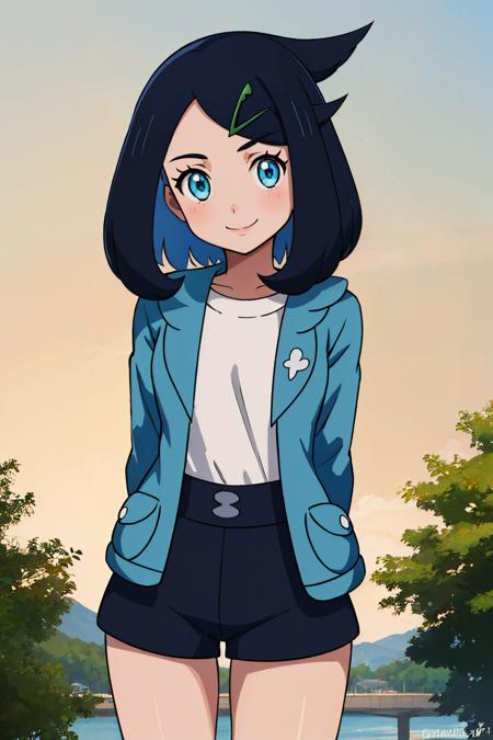 pokemonliko, hairclip blue jacket, white shirt, shorts