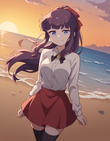 hifumi takemoto, long hair, bangs, blue eyes, bow, ponytail, purple hair, hair bow, medium breasts skirt, shirt, thighhighs, white shirt, black thighhighs, red skirt,