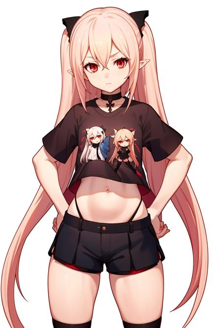 krul tepes,ots-14,standing,t-shirt,white shirt,short shorts, simple background, white background, long hair, navel,hands on hips,pointy ears,