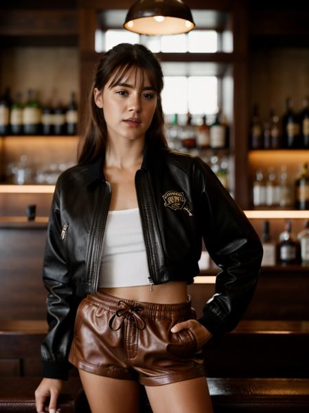 Realistic photo of a beautifuld41sy3dg4r woman,1girl,solo,looking at viewer,brown hair,long sleeves,brown eyes,standing,jacket,shorts,indoors,blurry,black shorts,brown jacket,realistic,leather,bar (place), soft lighting, professional Photography, Photorealistic, detailed, RAW, analog, sharp focus, 8k, HD, high quality, masterpiece<lora:d41sy3dg4r:1.0>