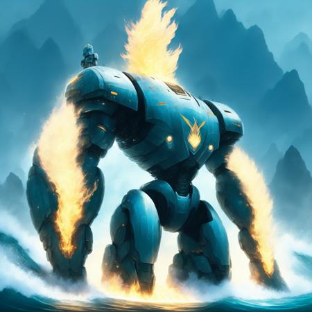 anime Massive Scale Pacific Rim Robot in the Ocean emitting flames, energy (OceanicRim style:1) <lora:djzOceanicRim:0.8)