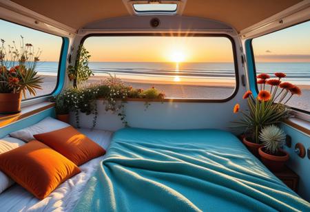 inside a cozy scifi campervan, comfy bed and warm blanket, plants, flowers, decoration, view from the back on quiet beach, sunrise, peaceful, vibrant colors, Moebius (Jean Giraud) Style page