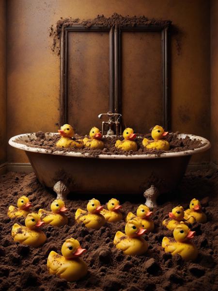 A scene of ais-buriedz rubber ducks in a bathtub, their bright colors contrasted against the sepia tones of an antique bathroom, giving a playful twist to an otherwise mundane nightly ritual <lora:Buried_Style_SDXL:1>