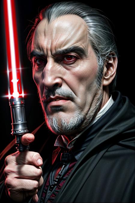 RAW photo, candid, ChristopherLee_Dracula as Darth Tyranus, holding red lightsaber, pointing at viewer, short white beard, Star Wars cosplay  <lora:ChristopherLee_Dracula_v1:0.8> <lora:XenoDetailer_v2:0.7>