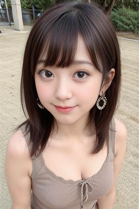 "1girl,close up photo of realyami, brown hair, (short hair:0.550), best quality, earrings,casual clothes,torii, cherry blossoms, (detailed face:1.4), (looking at viewer:1.25), shiny skin, smile, simple background <lora:realyami_v1.2-000020:0.850>