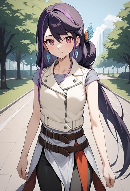 aaruri, long hair, multicolored hair, purple hair, hair ornament, earrings, pink eyes, grey shirt, white vest, brown belt, black pants aaruri, long hair, multicolored hair, purple hair, hair ornament, earrings, pink eyes, pinafore dress, yellow dress, short sleeves, bracelet