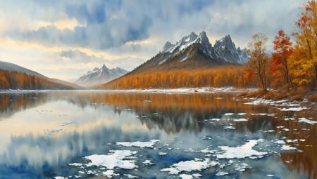 best quality,masterpiece  ( watercolor sketch :1.11) of a 
,
first ice on the lake in  
autumn in the afternoon, overcast weather,
dim lighting, 8k resolution, detailed, focused,
atmospheric dreamscape painting,unsplash contest winner, 
style of Gediminas Pranckevicius,(style of Frederick McCubbin:0.3)