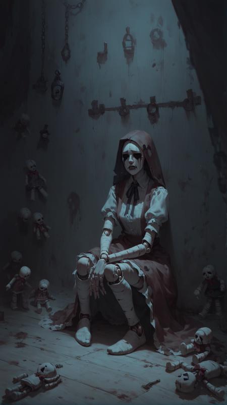 score_9, score_8_up, score_7_up, score_6_up, melancholy outcast Marionette collapsed in a dark corner, 1girl,  doll, wooden, joints, strings, woodgrain, alone, abandoned,  <lora:Concept Art Twilight Style SDXL_LoRA_Pony Diffusion V6 XL:0.8>