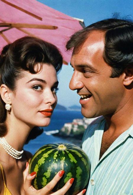 A color photograph, a scene from the hilarious screwball comedy movie, Watermelon Romance: about a zany, spaced out, sexy, sultry, twenty-something, who falls in love with her father's best friend, in Rio De Janeiro. in the style of Blame it on Rio, 1970s sexploitation, film grain, JuggernautNegative