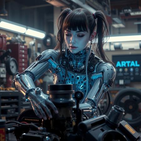 cinematic film still a cyborg girl with intricate mechanical arms working on a powerful engine in a high-tech garage, merging beauty with function in a gritty cyberpunk environment. shallow depth of field, vignette, highly detailed, high budget, bokeh, cinemascope, moody, epic, gorgeous, film grain, grainy