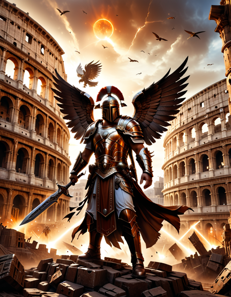lazympos,high_quality,highres,beautiful,detailed,(masterpiece, best quality:1.2),absurdres,8k,HDR,retro,
brown Colosseum background of a brown city (fantasy). In the center of background a brown Ancient Roman gladiators,
with winged helmet,brown shield in left hand and a warhammer glowing with red energy Pointing high into the air.,
<lora:EpicF4nta5yXL:0.5>,<lora:SDXLFaeTastic2400:0.3>,<lora:lazympos:1>,<lora:dvr-rst:0.8>,dvr-rst