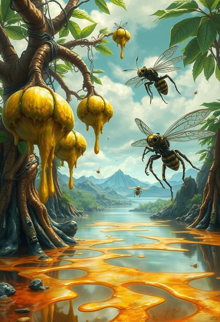 A surreal anime landscape melts, hosting alien life. Trees with liquefying umber bark stretch skyward, bearing grotesque fruit. These growths pulse with bioluminescent veins, their surfaces a mix of membranes and chitinous plates in sickly greens and yellows.
Emerald leaves sag, forming viscous droplets suspended in air. The sky melts into the horizon, clouds streaking down like taffy. Mountains dissolve, creating rivulets down an imaginary canvas.
Biomechanical insects drift through the scene, their exoskeletons fusing organic curves and industrial pistons. These Giger-esque creatures sport multiple limbs, eyeless sensors, and humming wings, leaving trails of glowing spores.
A lake reflects this bizarre tableau, its shore blurring into a watercolor fusion. Fractal patterns emerge in the drips and flows, mirrored in the structures of alien fruit and insects.
The image blends anime art with surrealist and biomechanical elements, creating a dreamlike yet unsettling atmosphere that's both familiar and profoundly alien.