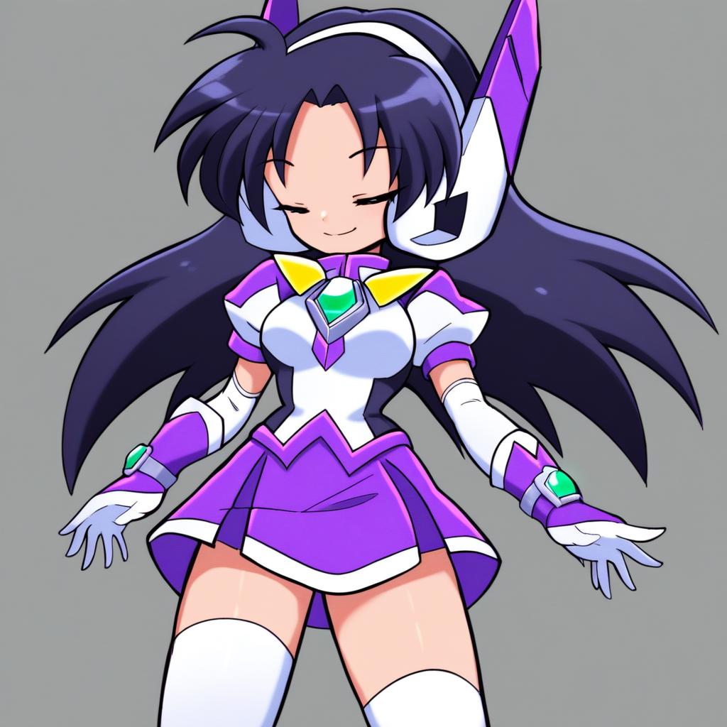 score_9, score_8_up, score_7_up, source_anime, good anatomy, purpswa, 1girl, solo, black hair, long hair, purswaoutfit, white and purple shirt, raised collar, white hairband, white and purple headphones, white and purple glove, wristband, green gems, purple skirt with white trim, miniskirt, white thighhighs, zettai ryouiki, white and purple boots, standing, smiling