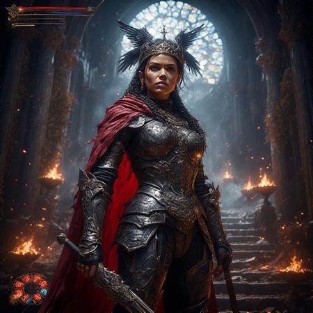 masterpiece portrait of a fantasy warrior queen in a ruined cathedral battleground::1.4, Capcom cinematic realism style::1.2, high fantasy action RPG key art::1.1,

(physical description: statuesque adult woman with light brown skin, toned muscular build, long dark braids adorned with gold rings:1.1),
(facial features, expression: intense, commanding eyes with a stoic expression of controlled fury:1.0),
(clothing details: ornate obsidian-black armor with silver filigree, crimson velvet cape torn at the edges, armored corset and plated greaves:1.0),
(accessories: jeweled crown shaped like raven wings, ancient runeblade etched with glowing red glyphs, battle-worn scabbard:0.9),

(background setting: crumbling cathedral overtaken by vines and firelight, shattered stained glass casting colored shards of light, fallen enemies strewn across the stone floor:0.9),
(lighting style: dramatic directional lighting from flaming braziers and moonlight through high arches, high contrast highlights on armor:0.8),
(composition and camera framing: low-angle hero shot from slightly behind and to the side, focused on the queen’s stance atop cathedral stairs:1.0),
(emotional tone or theme: dark fantasy glory and grim authority, unbending leadership forged through blood and conquest:0.9),

(technical execution: ultra-detailed architectural textures, sharp realism in metallic surfaces and cloth rendering, cinematic motion blur on cape and embers:0.8),
(user interface elements: stylized fantasy UI with health/mana bars shaped like phoenix wings, skill icon wheel in lower left corner:1.0)