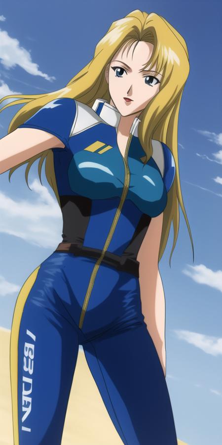 masterpiece, best_quality, highres, <lora:Macross7Rex:0.45>, Macross7Rex, solo, blonde_hair, blue_bikesuit