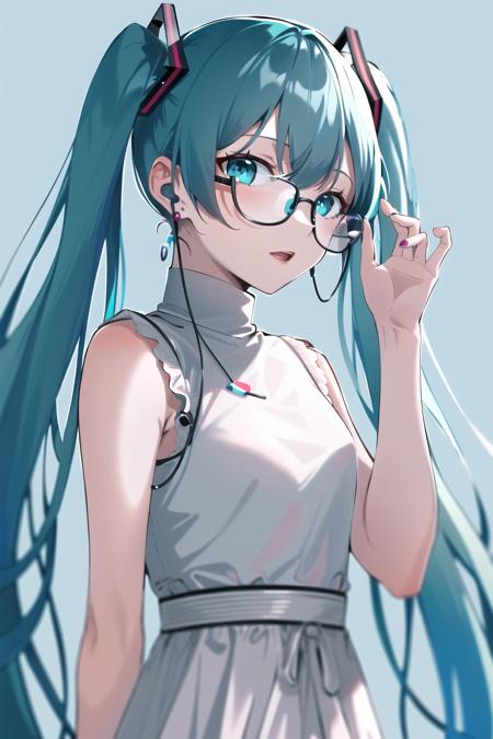 rolua, 

hatsune miku, 

1girl, aqua eyes, aqua hair, background text, bangs, bespectacled, dress, earphones, earrings, facing to the side, glasses, hand up, holding, jewelry, long hair, looking at viewer, open mouth, round eyewear, solo, standing, turtleneck dress, twintails, upper body, very long hair, white dress

, ((masterpiece))

<lora:rolua:0.6>