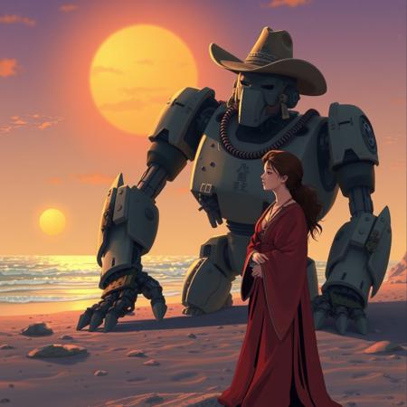 A giant robot cowboy sits on a beach, barnacle-covered robot. robot wears cowboy hat. A beautiful woman in traditional priestess robes stands in the foreground, thoughtful. seascape in background. sunset sky. In the style of cowboy bebop.