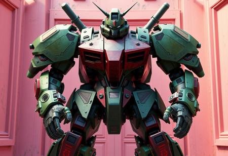 Create a cinematic, symmetrical, and anatomically correct digital illustration of a Chronomaly Technology robot on a Curse of Fiend, Zaku, with a gradient maroon bullpup design, set in a post-apocalyptic science fantasy world with steampunk elements. The robot should be posed in front of pink walls, with a mix of green and metallic colors in its armor. The artwork should be created in a style similar to those trending on ArtStation and DeviantArt, using Unreal Engine 5 and Octane Render.