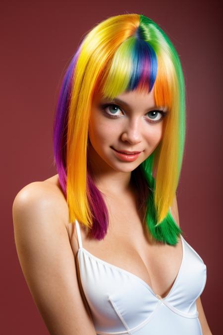 (1girl:1.2), smile, dress, cleavage, toga, outfit, jewelry, nipples, photorealistic, realistic, solo, looking_at_viewer, hyper realistic photograph, beautiful woman, (colorful hair), looking at viewer, masterpiece, best quality, vibrant background, shot on Canon, detailed skin, sharp focus, highly detailed, film grain