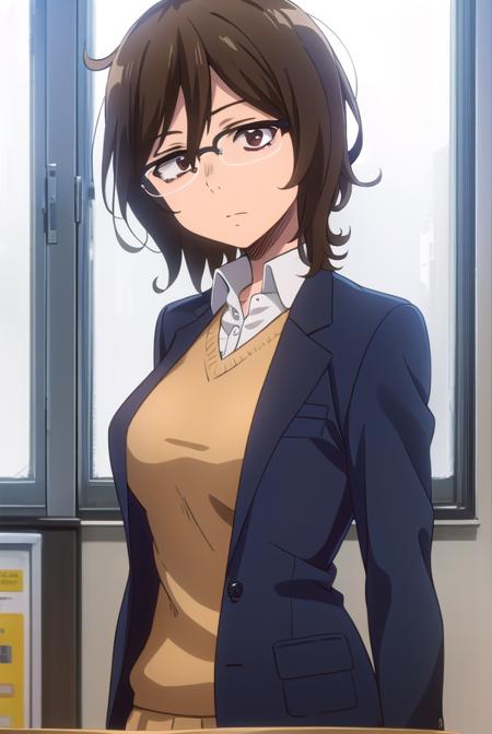 owarihajime, <lora:owari hajime s2-lora-nochekaiser:1>,
owari hajime, brown hair, (brown eyes:1.5), glasses, over-rim eyewear,
BREAK skirt, shirt, jacket, formal, suit, office lady,
BREAK indoors,
BREAK looking at viewer,
BREAK <lyco:GoodHands-beta2:1>, (masterpiece:1.2), best quality, high resolution, unity 8k wallpaper, (illustration:0.8), (beautiful detailed eyes:1.6), extremely detailed face, perfect lighting, extremely detailed CG, (perfect hands, perfect anatomy),