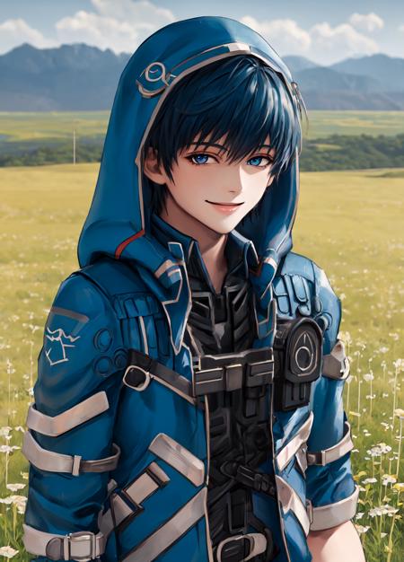 masterpiece, best quality, extremely delicate and beautiful, highres, original, <lora:FidelCamuzeV1:0.8>, FidelCamuze, 1boy, boy, male, short hair, blue hair, blue eyes, blue coat, hood, unhooded, upper body, grassland, looking at viewer, smile