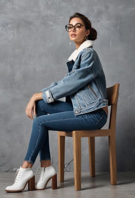 realistic, extremely high quality RAW photograph, intricate, Exquisite details and textures, highly detailed, ultra detailed photograph, 4k, high resolution, detailed skin, woman sitting on a modern style chair with wooden legs and a white seat, the woman is only wearing a large denim jacket, open and hiding her body and appears to be barefoot, with her legs crossed, she has brown hair tied back, she is wearing glasses that she holds with her right hand that is resting on her leg, she wears long earrings, she has thick lips and shows one bare shoulder, her legs are bare, side view, looking at the viewer. The background is a textured gray wall, which provides a neutral contrast to the blue of the denim. The artistic style of this photograph can be described as contemporary, with an emphasis on minimalism and naturalism, focusing on textures and relaxed posing to convey a casual yet thoughtful composition.
The minimalist style is characterized by its simplicity and the elimination of superfluous elements, allowing details and textures, such as the denim jacket and the textured wall, to be the visual protagonists. Naturalism in photography seeks to capture subjects and scenes in a realistic and authentic way, which is reflected in the spontaneous pose and relaxed atmosphere of the image