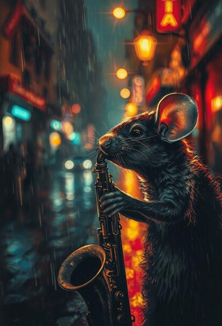 Hyper-realistic charcoal drawing. Close-up macro shot. A mouse plays a jazzy saxophone in a rainy street at night. High-contrast HDR lighting with vibrant neon colors. Soft, cinematic film grain and subtle vignette. Post-processed with cinematic color grading. Deep shadows, warm streetlights, and misty atmosphere. Atmospheric, cinematic film still, 35mm film aesthetic. Live-action feel, best quality, highly detailed, dramatic, epic, and stunning. Film noir, blues and jazz, rainy nights, saxophone virtuosos, monochromatic contrast.