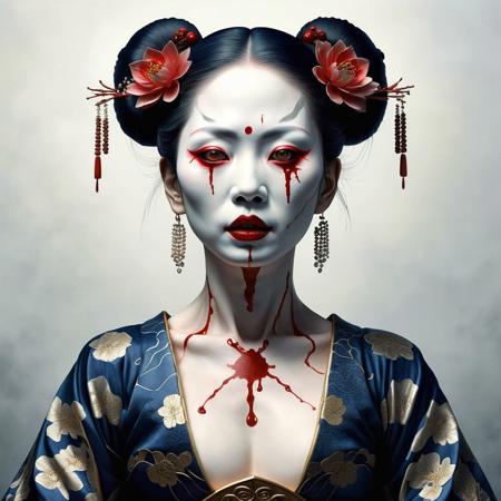 Ultra realistic full body color pencil drawn portrait of  
a Japanese female Butoh performer with white face and blood red lips.
BREAK
Deep dark intense midnight blue misty background,
Dark theme, dynamic lighting, (soft shadows), (soft focus),  (photo realistic), uhd, 8k