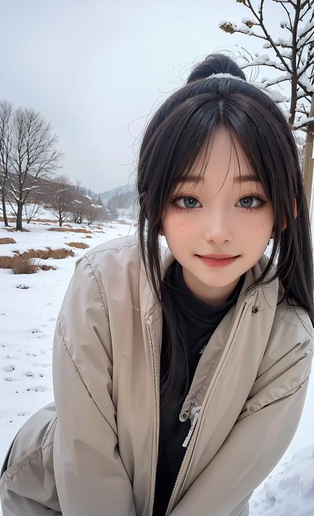 (Did We Really Love), (masterpiece, best quality), (photo realistic), (photograpy), (intricate detail, Detailed Face), high-resolution, HDR, 1girl, solo focus, 20 years old sexy korean girl,
front view, looking at viewer,
Light smile,
White ponytail hair,
variety of hairstyles,
High teen style,
Winter, White winter coat,
snowy outdoors Background,
gigantic breasts:0.1,
wide hip:0.4,