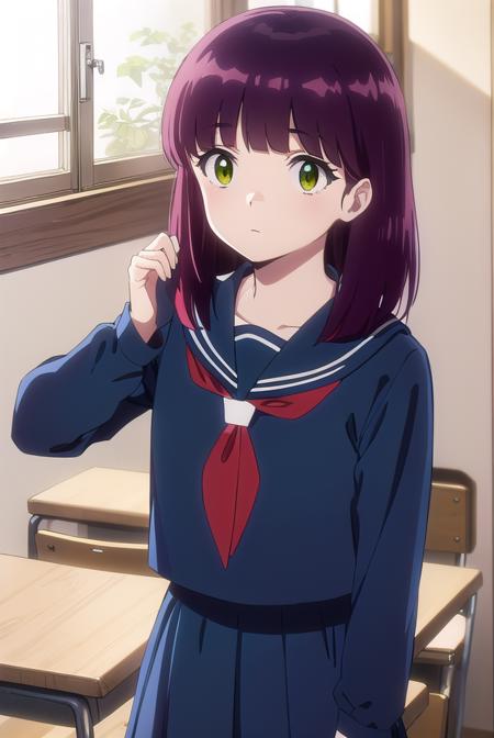 shinobumiyake, <lora:shinobu miyake s1-lora-nochekaiser:1>,
shinobu miyake, long hair, bangs, purple hair, (green eyes:1.5),
BREAK shirt, long sleeves, school uniform, serafuku, sailor collar, neckerchief, red neckerchief, shirt, blue shirt, blue sailor collar, blue skirt,
BREAK indoors, classroom,
BREAK looking at viewer, (cowboy shot:1.5),
BREAK <lyco:GoodHands-beta2:1>, (masterpiece:1.2), best quality, high resolution, unity 8k wallpaper, (illustration:0.8), (beautiful detailed eyes:1.6), extremely detailed face, perfect lighting, extremely detailed CG, (perfect hands, perfect anatomy),