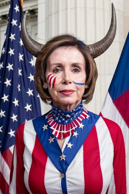 portrait photo of nancy pelosi as (female q4n0n5h4m4n:0.8), horns, patriotic facepaint, detailed face, hasselblad h6d-400c 1.4, outside washington dc