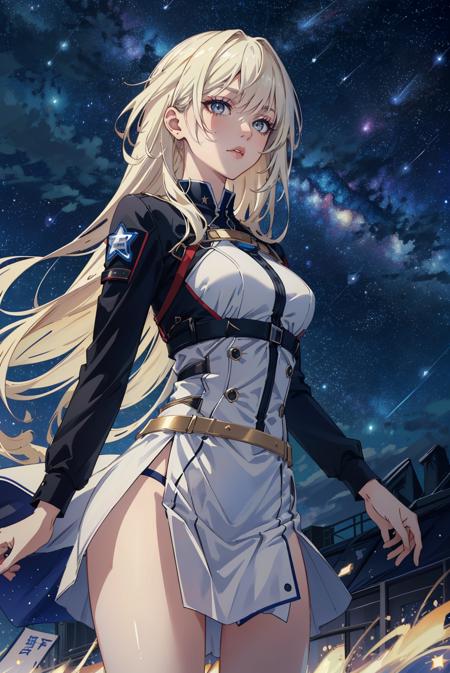 (masterpiece), (best quality), (official art, extremely detailed CG unity 8k wallpaper), (highly detailed), ((absurdres)), sfw, mature female, bad-girl, from the front, slender, slim waist, ivory skin, (starry sky:1.2),(shooting stars:1.2),(galaxy:1.23), (wind blows:1.3), <lyco:GoodHands-beta2:1.0>,  <lora:badgirl-test-lora-wdvae:0.4>