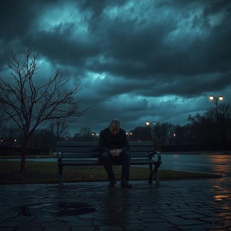 Create a moody image of a solitary man sitting on a park bench at twilight. The sky is overcast with dark, looming clouds, casting a bluish-gray hue over the scene. Raindrops are gently falling, creating ripples in puddles on the cobblestone path. The man has his head down, hands clasped tightly in his lap, conveying a sense of despair. Nearby, a withered tree sheds its last leaves. Dim streetlights flicker in the background, their soft glow barely illuminating his somber expression. The overall atmosphere should evoke a feeling of isolation and melancholy, inviting viewers to contemplate the man's story.