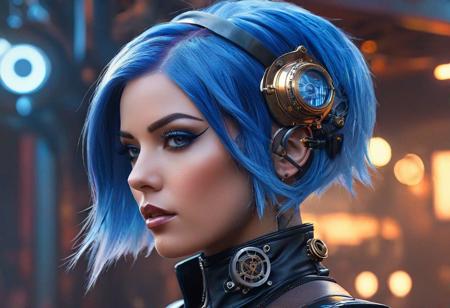 Transparent Things, Highly Detailed, a surreal beautiful masterpiece painting by Michael Whelan, Ross Tran, artgerm and Tom Bagshaw. Portrait of a steampunk dieselpunk cyborg woman with blue hair, badass pose, portait photo, uplight, vray, depth of field, bokeh, depth of field, unreal engine 5, cinematic, 8k, hyper detailed, digital art trending on artstation