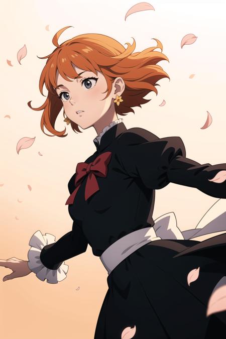 absurdres,wallpaper,official_art,dappled sunlight,1girl,sunlight,black bow,floating hair,orange hair,solo,puffy sleeves,black flower,short hair,gradient background,falling petals,bow,flower earrings,petals