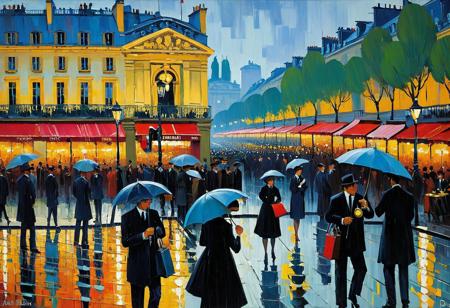impressionism expressionist Oil on canvas: Efficiency efficiency they say Get to know the date and tell the time of day As the crowds begin complaining How the Beaujolais is raining Down on darkened meetings on the Champs Elysée