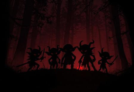 Score_9_up, Score_8_up, Score_7_up, (Masterpiece, Best_Quality, Highest_Resolution, 
Extremely_Detailed, group of 5Goblin, silhouette, ultra detailed, around 1human, cute, detailed, small, silhouette, in a forest, dark red night, fine fog, enpowering contrast, low angle shot, background, goblin village, .
Natural light, slight post-processing, contrast boost, neutral tone grading. dark fantasy,