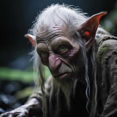 highly detailed candid photo of rpggoblin:1.3,

1boy solo, old, old man, white hair, long hair, large eyes, male focus, green eyes, pointy ears, green skin,  blurry, blurry background, realistic:1.3, in a dark cave,

masterpiece, best quality:1.1, 

ultra photoreal, photorealistic:1.0, sharp focus:1.1, 
depth of field:1.1, 

50mm, style of Nathan Wirth, Hasselblad X1D II, Porta 160,
